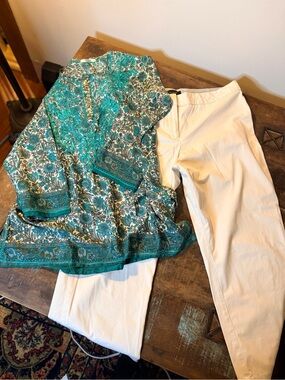 Teal Floral Embroidered Tunic Top w/Khaki Pants